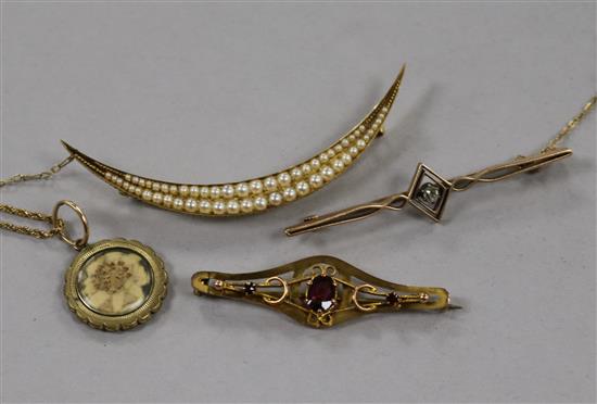 A yellow metal and seed pearl crescent brooch, two other bar brooches including diamond set and 9ct gold and a pendant